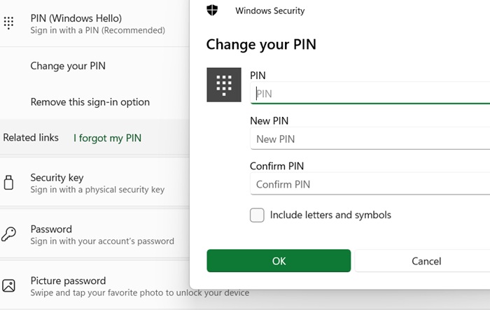 Changing a PIN in Windows Hello.