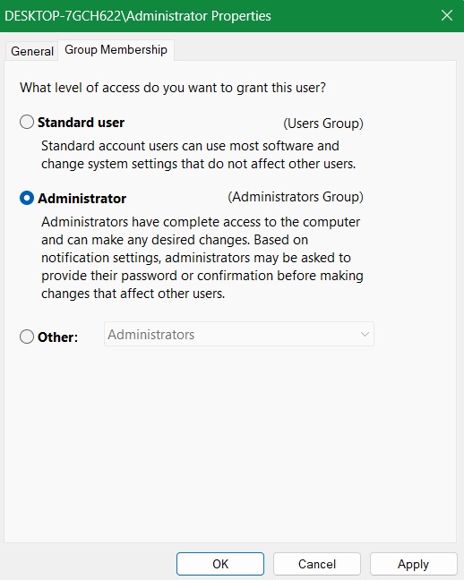 A user account is at Administrator level as noted in UAC.