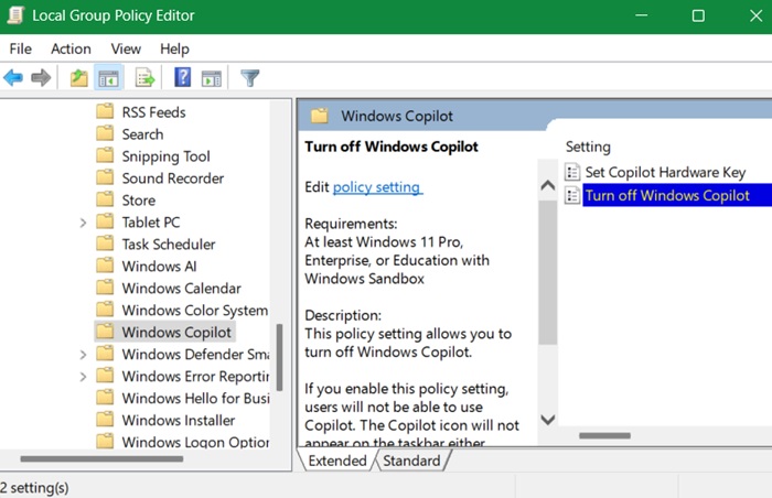 "Turn Off" Copilot option in Local Group Policy Editor.