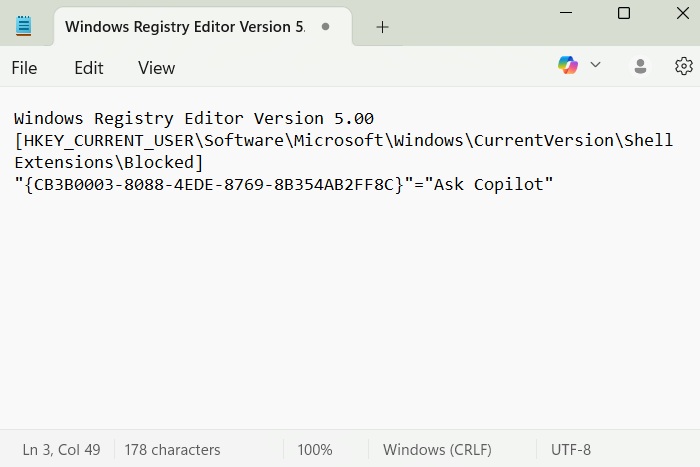 Having a Blocked Shell Extension in Notepad with string, and value given as "Ask Copilot."