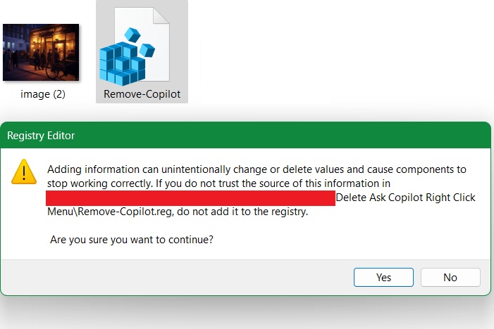 Giving permission to add a new registry entry for removing "Ask Copilot" by clicking "Yes."