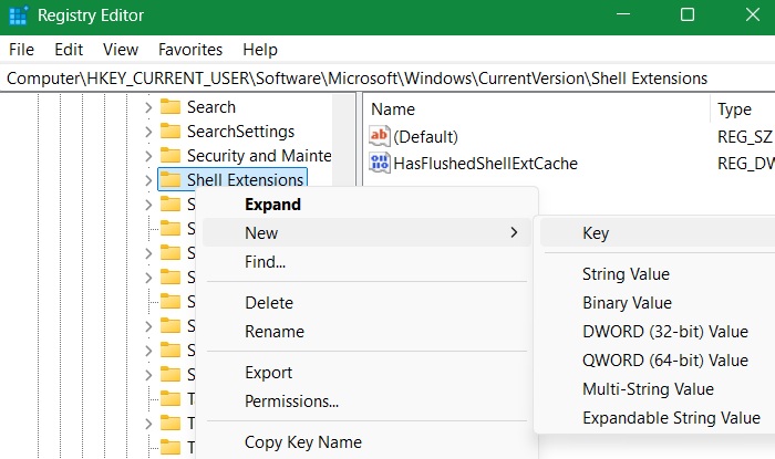 Adding a "New key" to the Shell Extensions in Registry Editor.