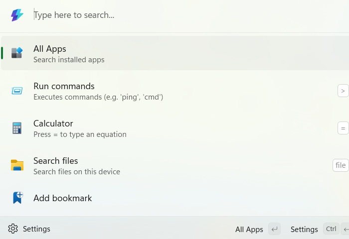 The Command Palette home screen launched in the background with various options.