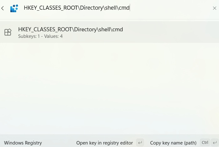 Opening a registry path directly in Command Palette.