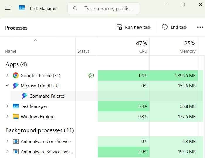 Command Palette has very minimal CPU and Memory footprint in Windows.