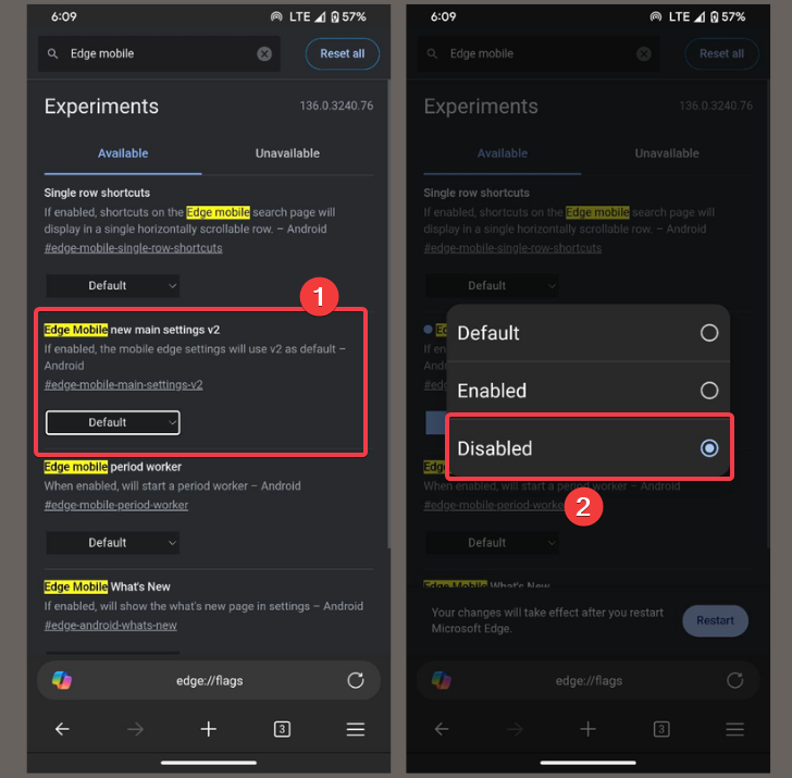 Disable Edge Mobile's New Main Settings V2