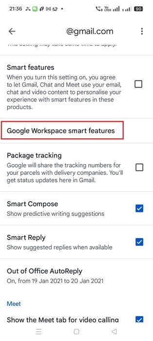 Click "Google Workspace Smart Features," and disable "Smart features" in Gmail Android,