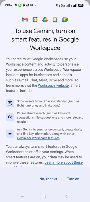 Google Workspace note to click "Turn on" to use Gemini feature on Android device.