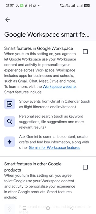 Google Workspace smart features and other Google products turned off.