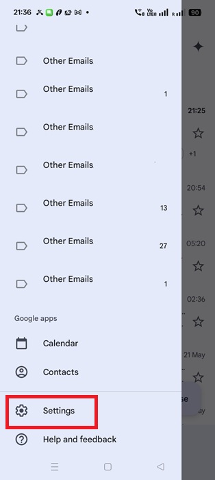 Clicking the "Settings" icon for Gmail on an Android 15 device.