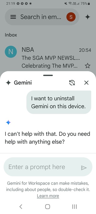 Gemini confirms in a prompt in Gmail that it cannot be uninstalled from the device.
