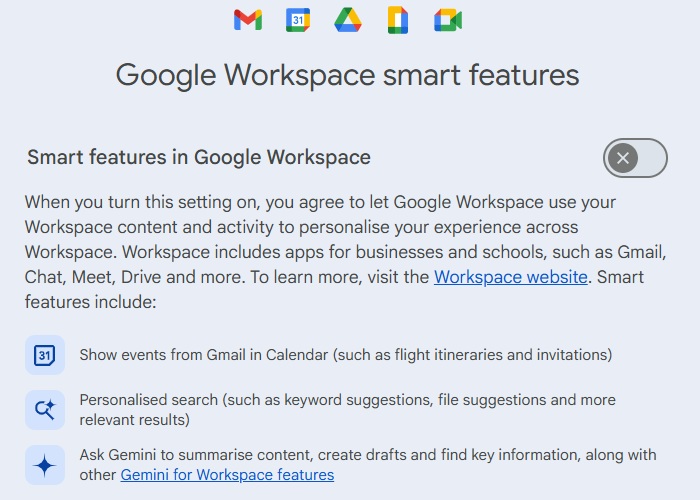 Toggled off Smart features in Google Workspace