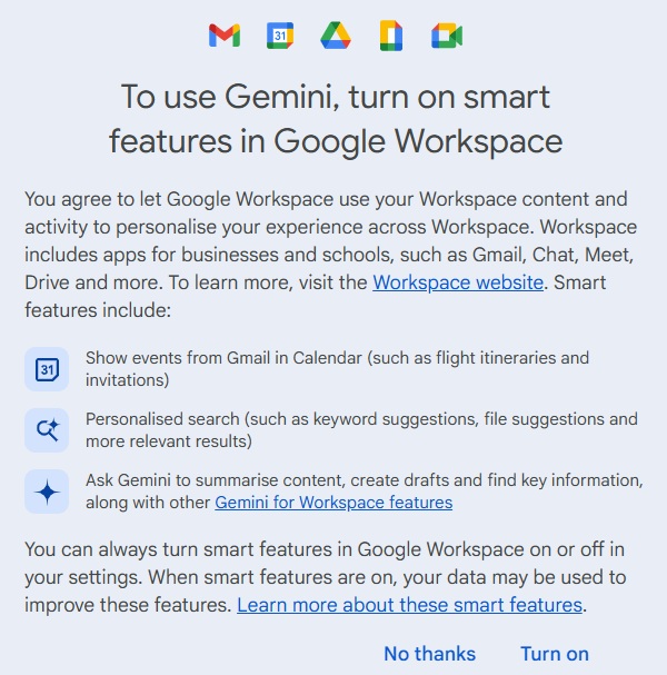 Google Workspace has to be turned on to enable Gemini feature in Gmail.