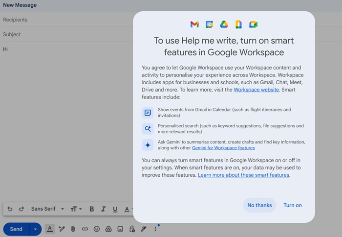 Gemini powers Gmail's "HelpMeWrite" writing assistant tool.