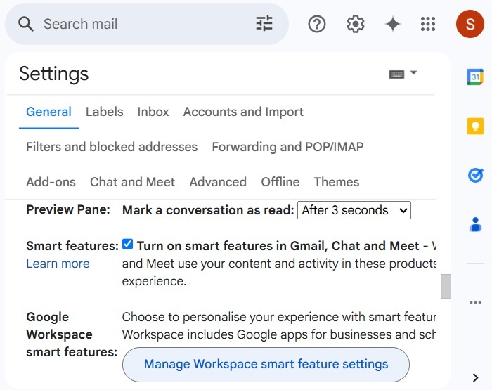 Click "Manage Workspace smart feature settings" in Gmail.