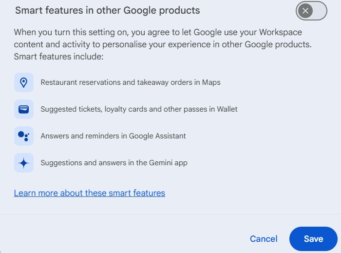 Toggle off "Smart features in other Google products" in Google workspace settings.