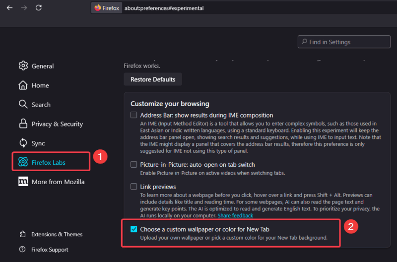 Enable Custom Wallpaper Or Color For New Tab