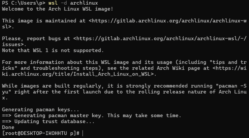 Launching Arch Linux On Windows Subsystem for Linux.
