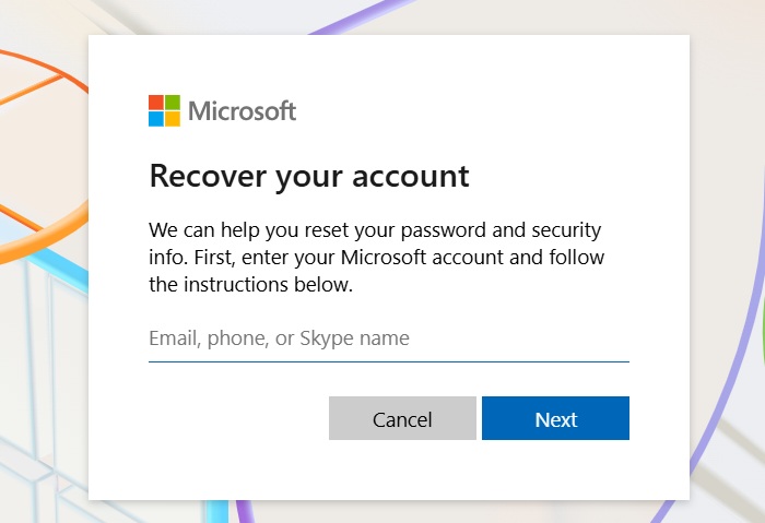 Signing in to the Microsoft Account Recovery Page