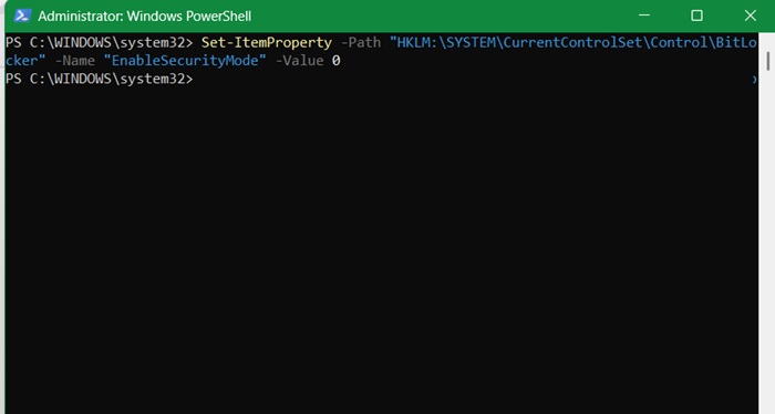 EnableSecurityMode value set to 0 in PowerShell.