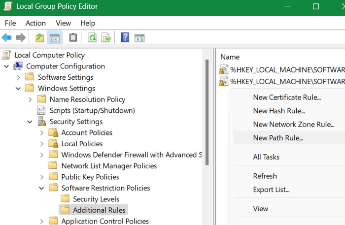 Right-click to add "New Path rule" to "Additional Rules" in Group Policy Security Settings.