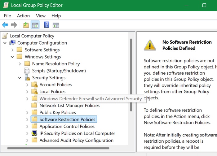 Viewing "Software Restrictions Policies" under Local Group Policy Editor in Win 11 Pro.