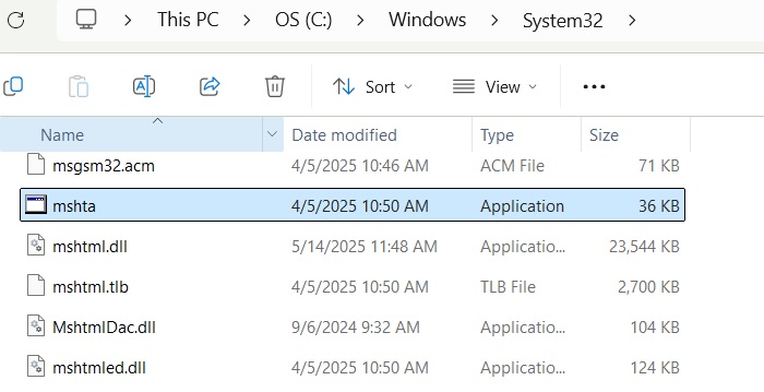 mshta.exe Application file viewable in System32 folder.