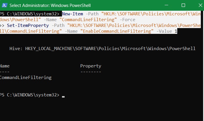 "Command Line Filtering" enabled in PowerShell