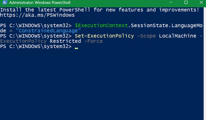 Setting "Constrained Language Mode" in PowerShell.