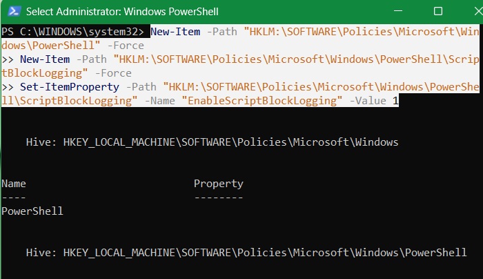 Creating a missing registry path for "PowerShell" and "ScriptBlockLogging" in PowerShell.