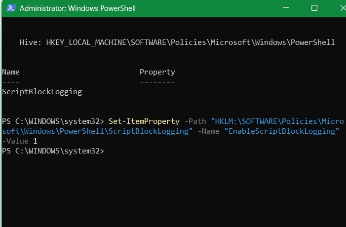 "ScriptBlockLogging" value set to 1 in PowerShell. This blocks unwanted scripts.