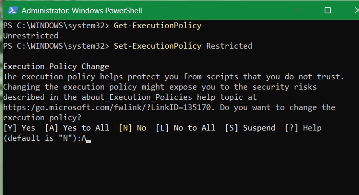 Changing "Unrestricted" execution policy in PowerShell to "Restricted" ensuring for all users.