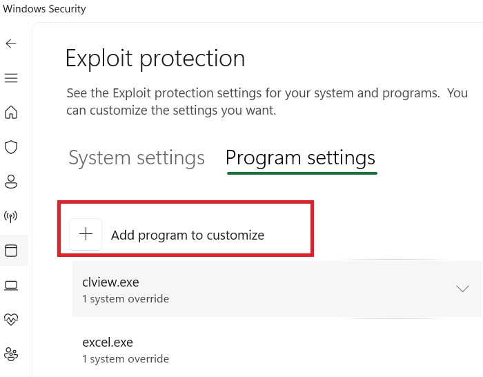 Click "Add program to customize" under Exploit Protection in Windows 11 Home.