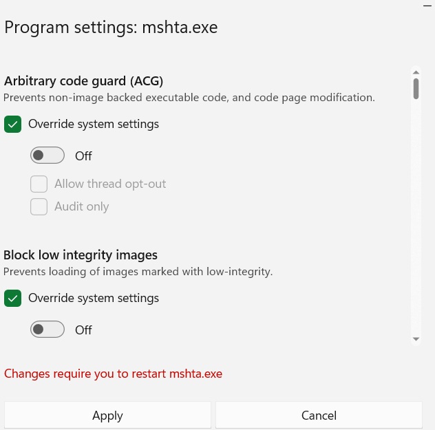 Toggling off all mshta.exe policies in Windows Security.