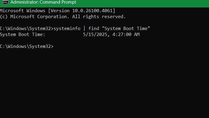 Find out the System Boot time using Command Prompt.