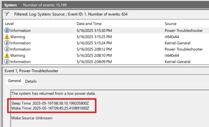 Check "Sleep time" and "Wake Time" in Event Viewer.