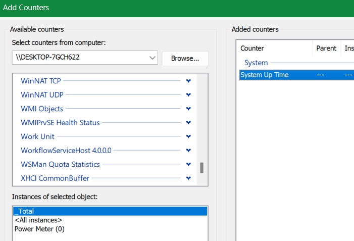 Add System Uptime to Performance Monitor counters to the right.