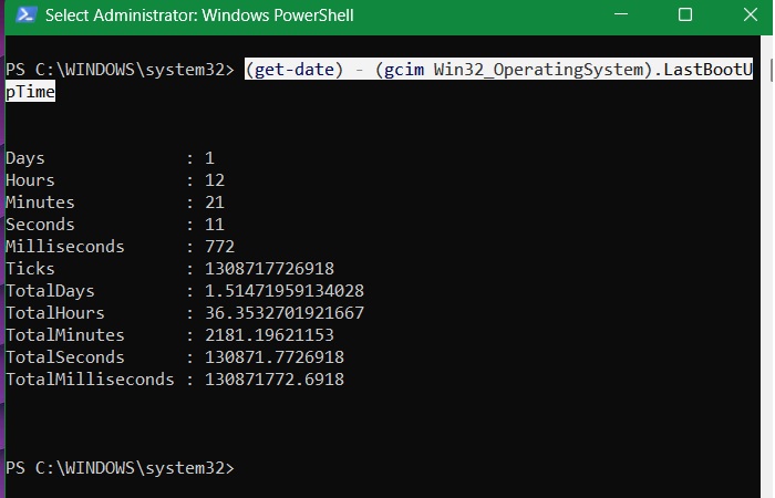 "LastBoot" time given in PowerShell expressed in days, hours, minutes, and even milliseconds.
