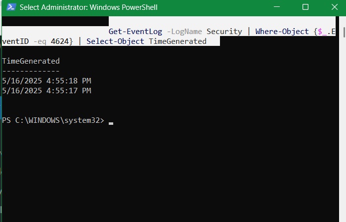 User login timestamps giving various user sessions in PowerShell, thus, giving screen time.