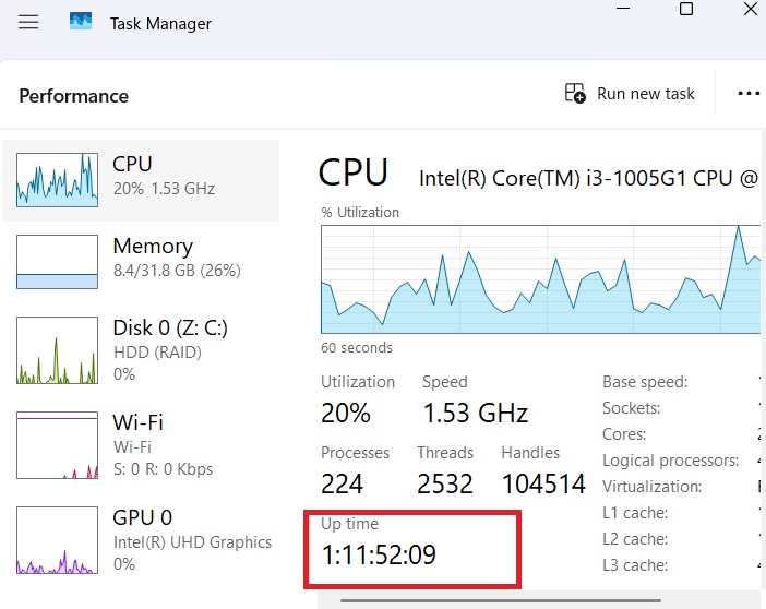 The "Up time" statistic for Windows login in Task Manager Processes.