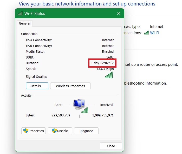 Checking "Duration" under Wi-Fi status.