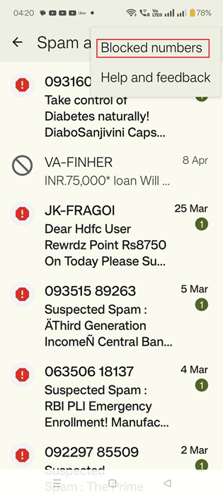 Click "Blocked Numbers" under Spam and block list in Google Messages.
