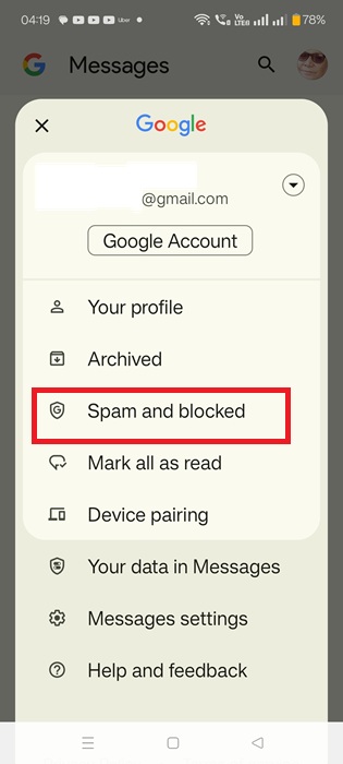 Spam and Blocked option in Google Messages app.