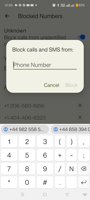 Manually enter a phone number to be added to the Block list.