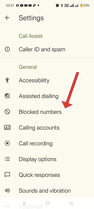 Tap "Blocked numbers" in Phone App Settings.
