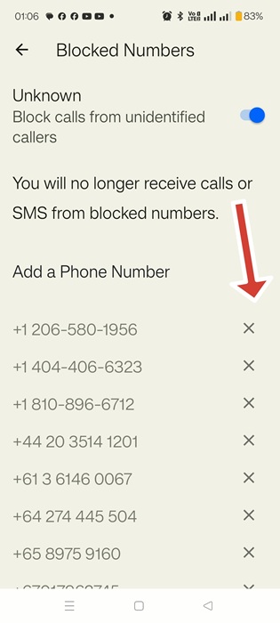Tap X to unblock a number in the Android Block list.