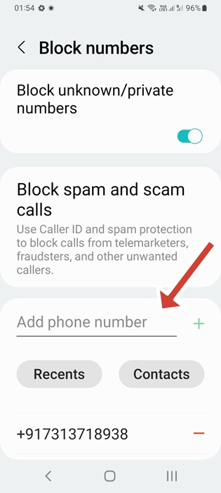 "Add phone number" under Block spam and scam calls in Samsung Galaxy.