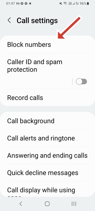 Select "Block numbers" in Samsung Galaxy's Phone app settings.