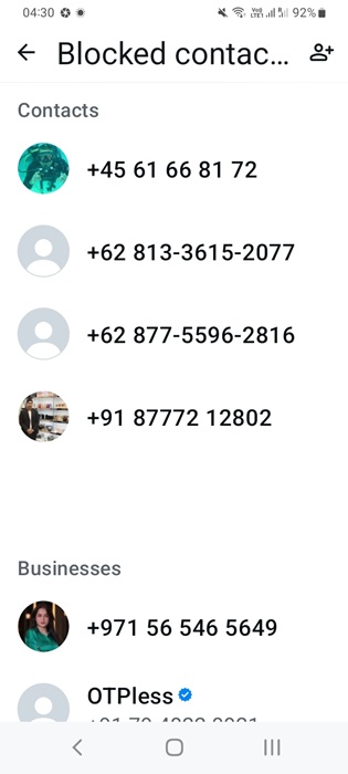 List of blocked contacts in WhatsApp.
