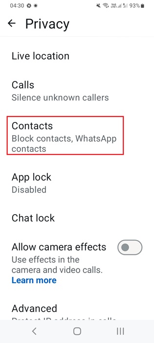 Check Contacts under Privacy in WhatsApp.